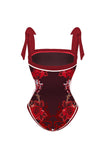 Traje de baño floral negro rojo de dos piezas con tirantes finos