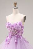 Vestido largo de graduación de graduación con cordones y espalda de organza lila Sweetheart A-line con cordones y apliques