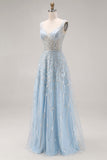 Vestido largo de graduación brillante azul claro con cuentas y lentejuelas