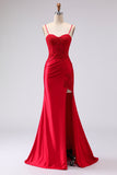 Vestido largo de baile de graduación bordado en satén de satén rojo con encaje en la espalda