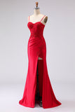 Vestido largo de baile de graduación bordado en satén de satén rojo con encaje en la espalda