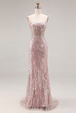 Vestido largo de baile de graduación sin tirantes rosa claro brillante con lentejuelas