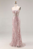 Vestido largo de baile de graduación sin tirantes rosa claro brillante con lentejuelas