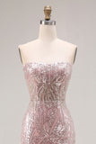 Vestido largo de baile de graduación sin tirantes rosa claro brillante con lentejuelas