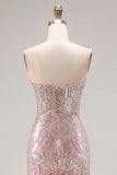 Vestido largo de baile de graduación sin tirantes rosa claro brillante con lentejuelas
