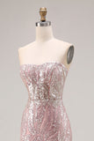 Vestido largo de baile de graduación sin tirantes rosa claro brillante con lentejuelas