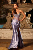 Vestido largo largo de graduación tirantes con corsé lila sirena y cuentas y abertura