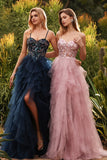 Vestido largo de graduación de tul con tirantes finos en línea A y línea rosa con volantes
