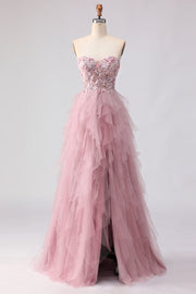 Vestido de graduación rosa sin tirantes en línea A, con cuentas y volantes, con abertura