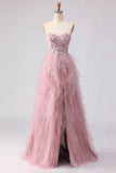 Vestido de graduación rosa sin tirantes en línea A, con cuentas y volantes, con abertura