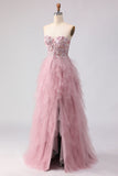 Vestido de graduación rosa sin tirantes en línea A, con cuentas y volantes, con abertura