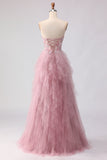 Vestido de graduación rosa sin tirantes en línea A, con cuentas y volantes, con abertura