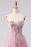 Vestido de graduación rosa sin tirantes en línea A, con cuentas y volantes, con abertura