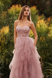 Vestido largo de graduación de tul con tirantes finos en línea A y línea rosa con volantes