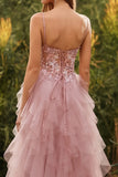 Vestido largo de graduación de tul con tirantes finos en línea A y línea rosa con volantes