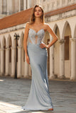 Corsé de sirena azul polvoriento, vestido largo de satén y abalorios
