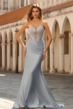 Corsé de sirena azul polvoriento, vestido largo de satén y abalorios