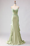 Corsé de Sirena verde claro con volantes, vestido largo de graduación con encaje en la espalda