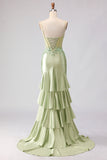 Corsé de Sirena verde claro con volantes, vestido largo de graduación con encaje en la espalda