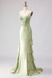 Corsé de Sirena verde claro con volantes, vestido largo de graduación con encaje en la espalda