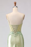 Corsé de Sirena verde claro con volantes, vestido largo de graduación con encaje en la espalda