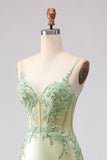 Corsé de Sirena verde claro con volantes, vestido largo de graduación con encaje en la espalda