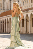 Corsé de Sirena verde claro con volantes, vestido largo de graduación con encaje en la espalda