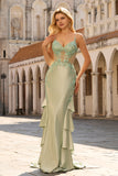 Corsé de Sirena verde claro con volantes, vestido largo de graduación con encaje en la espalda