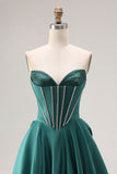 Vestido largo de corte largo verde verde oscuro de satén A-Line con cuentas y lazo