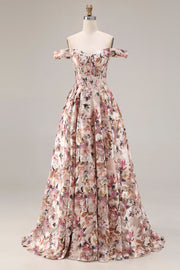 Corsé floral de línea A descubierto Desert Rose Vestido largo de baile
