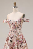 Corsé floral de línea A descubierto Desert Rose Vestido largo de baile