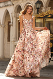 Corsé rosa con estampado floral y largo vestido de baile