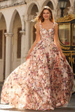 Corsé rosa con estampado floral y largo vestido de baile