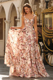 Corsé rosa con estampado floral y largo vestido de baile