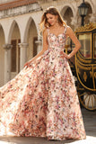 Corsé rosa con estampado floral y largo vestido de baile