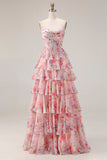 Corsé A-Line Sweetheart con estampado floral rosa y vestido largo de graduación con volantes