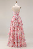 Corsé A-Line Sweetheart con estampado floral rosa y vestido largo de graduación con volantes