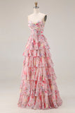 Corsé A-Line Sweetheart con estampado floral rosa y vestido largo de graduación con volantes