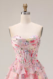 Corsé A-Line Sweetheart con estampado floral rosa y vestido largo de graduación con volantes