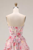 Corsé A-Line Sweetheart con estampado floral rosa y vestido largo de graduación con volantes