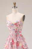 Corsé A-Line Sweetheart con estampado floral rosa y vestido largo de graduación con volantes