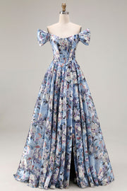 Corsé azul A-Line, con hombros descubiertos, vestido largo de graduación floral con abertura