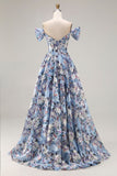 Corsé azul A-Line, con hombros descubiertos, vestido largo de graduación floral con abertura