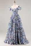 Corsé azul A-Line, con hombros descubiertos, vestido largo de graduación floral con abertura