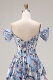 Corsé azul A-Line, con hombros descubiertos, vestido largo de graduación floral con abertura