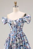 Corsé azul A-Line, con hombros descubiertos, vestido largo de graduación floral con abertura