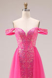 Vestido largo largo de graduación descapotable de sirena fucsia fucsia brillante con lentejuelas
