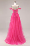Vestido largo largo de graduación descapotable de sirena fucsia fucsia brillante con lentejuelas