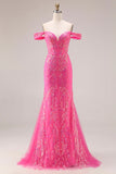 Vestido largo largo de graduación descapotable de sirena fucsia fucsia brillante con lentejuelas