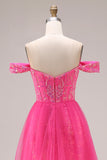 Vestido largo largo de graduación descapotable de sirena fucsia fucsia brillante con lentejuelas